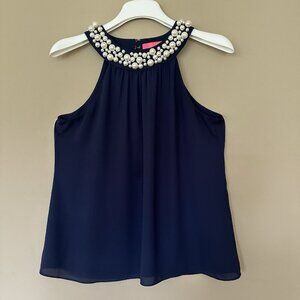 Lilly Pulitzer Women S Navy Blue Faux Pearl Sleeveless Blouse Top Halter Office